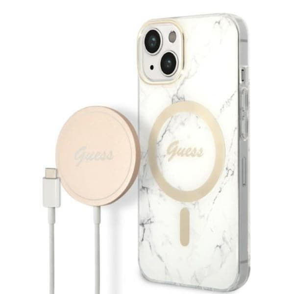 GUESS iPhone 14 Plus Magsafe Skal Marble + Trådlös Laddare - Vit Vit