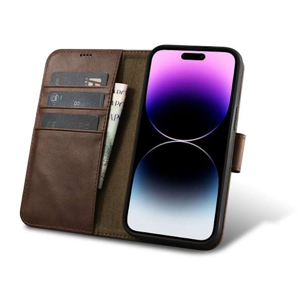 iCarer iPhone 14 Pro Plånboksfodral 2in1 Äkta Läder Anti-RFID - Mörkbrun