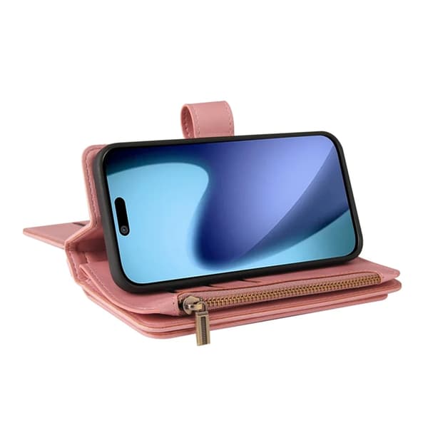 iPhone 17 Air Konstläder Plånboksfodral Zipper Rem Rosa
