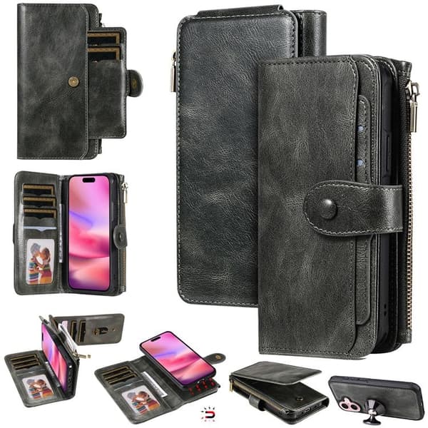 iPhone 17 Konstläder Plånboksfodral Detachable Zipper - Grön Grön