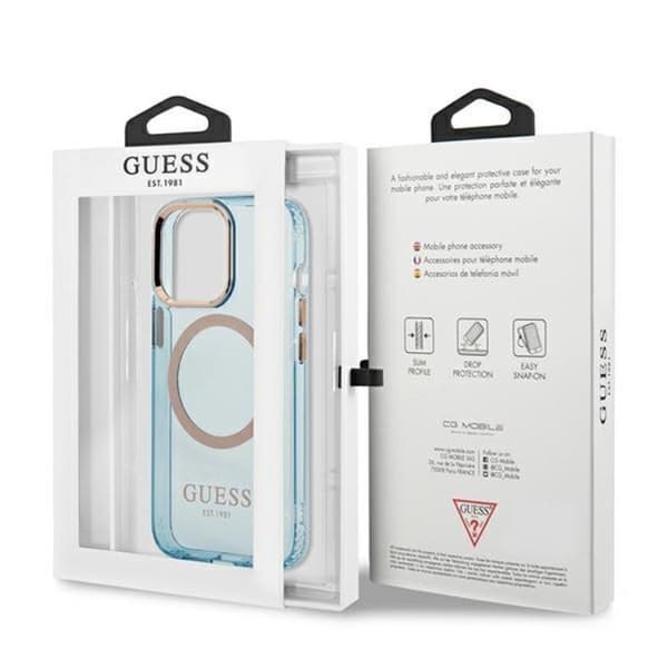 GUESS iPhone 13 Pro Skal MagSafe Gold Outline Translucent - Sininen Blå