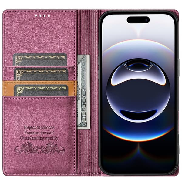 N.BEKUS iPhone 17 Pro Konstläder Plånboksfodral RFID-Skydd P3 - Vinröd Vinröd