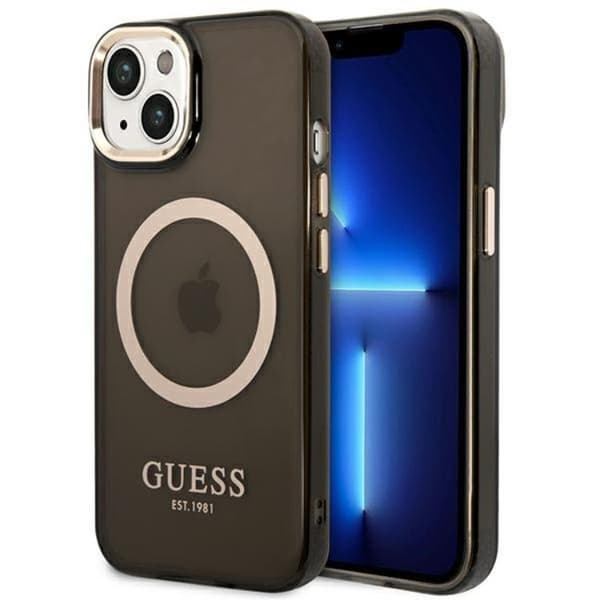 GUESS iPhone 14 Skal Magsafe Gold Outline Translucent - Musta Black