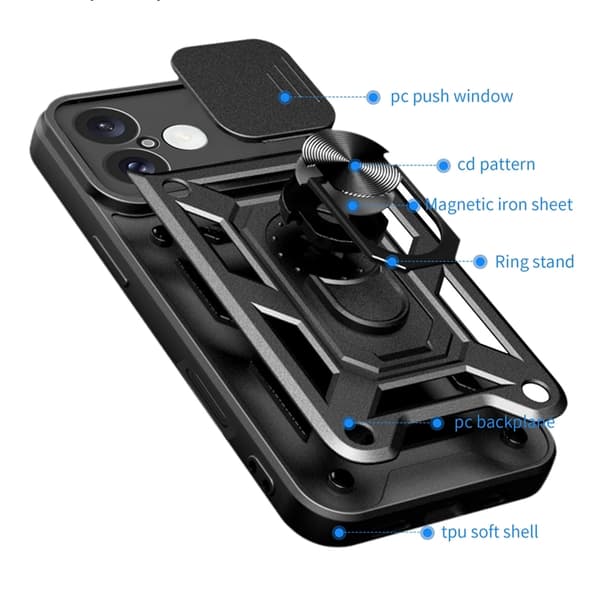 Telefontaske til iPhone 16 Hybrid Armor Camshield - Sort Black