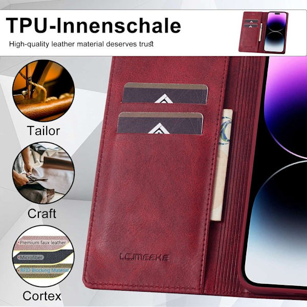 LC.IMEEKE iPhone 14 Pro Max Plånboksfodral Konstläder - Röd