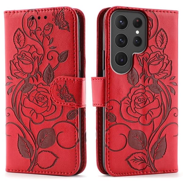 Galaxy S25 Ultra Konstläder Plånboksfodral Imprinted Rosa Butterfly Röd