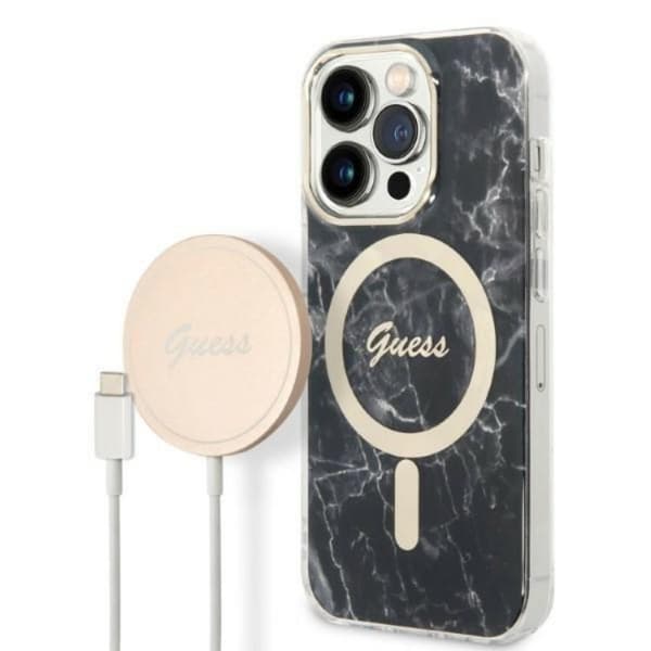 GUESS iPhone 14 Pro Max Magsafe Skal Marble + Trådlös Laddare - Black