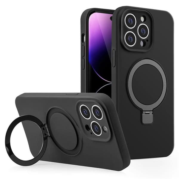 Mobilskal för iPhone 15 Pro Max Liquid Silikon Magnetisk Kickstand - Svart Svart
