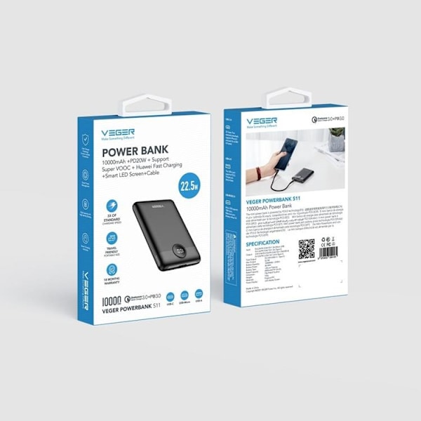 VEGER Powerbank 10000 mAh PD QC 3.0 2A 22.5W S11 - Svart