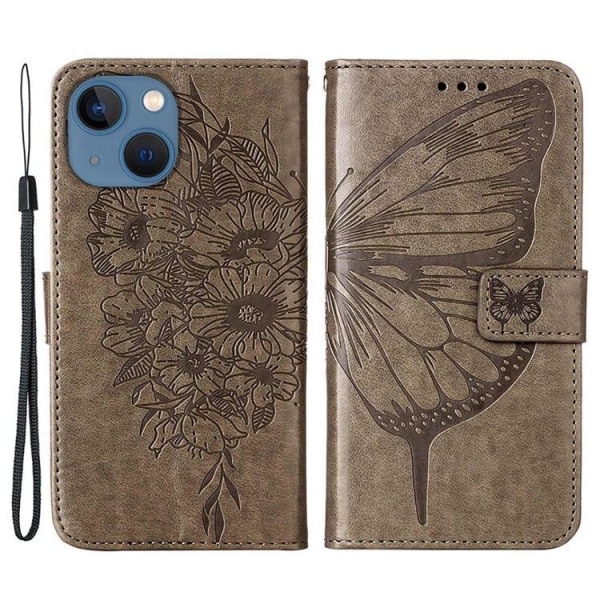 iPhone 14 Plus -lompakkokotelo Butterfly Flower -painettu - harmaa