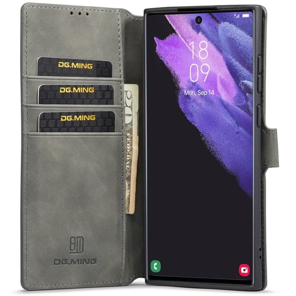 DG.MING Retro KonstLäder Wallet Mobilskal för Samsung Galaxy S22 Ultra - Grå