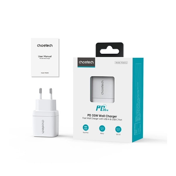 Choetech USB-C USB-A Väggladdare PD 35W GaN - Vit