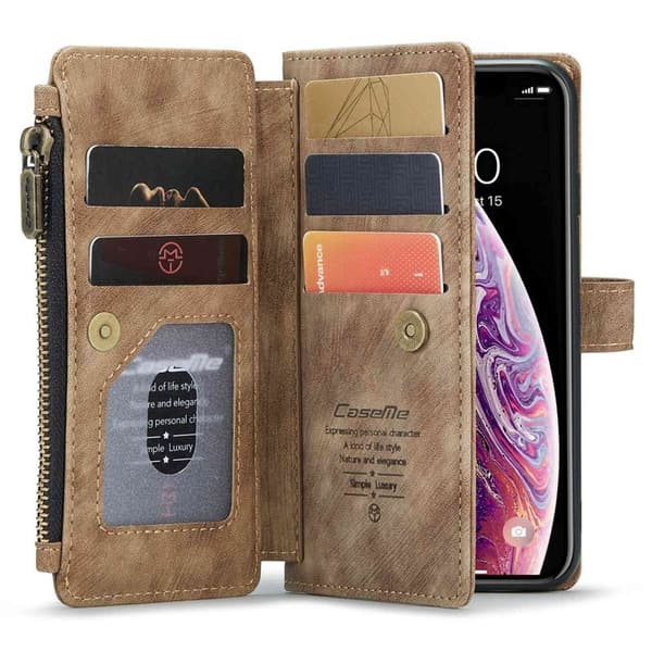 CASEME C30 Plånboksfodral för iPhone X/XS med rem, brun Konstläder