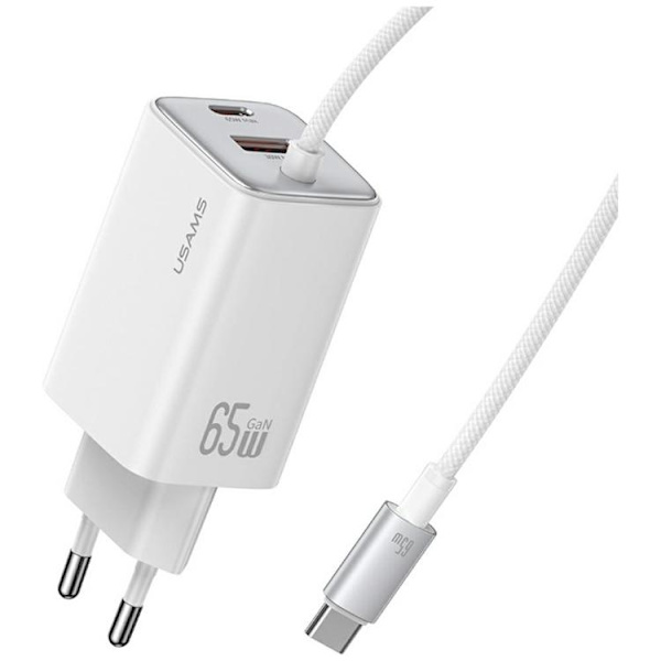 USAMS Hurtigoplader 65W 2xUSB-C 1xUSB-A GaN JC - Hvid Vit