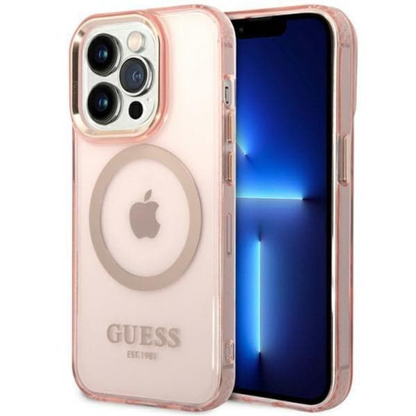 Guess iPhone 14 Pro Max Mobilskal MagSafe Gold Outline - Rosa Rosa