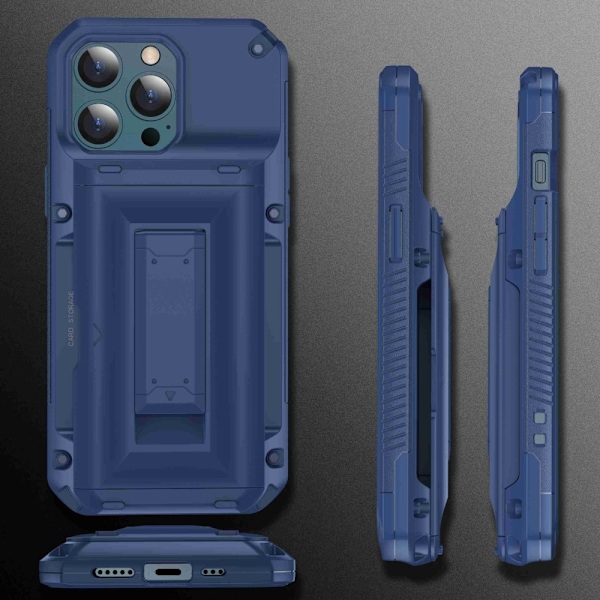 iPhone 13 Pro Skal Korthållare Built-in Kickstand - Blå