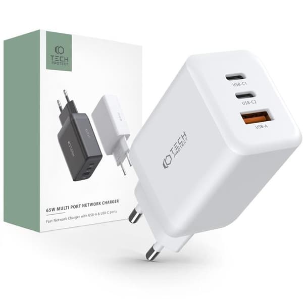 Tech-Protect 3-Port Vægoplader 65W - Hvid Vit
