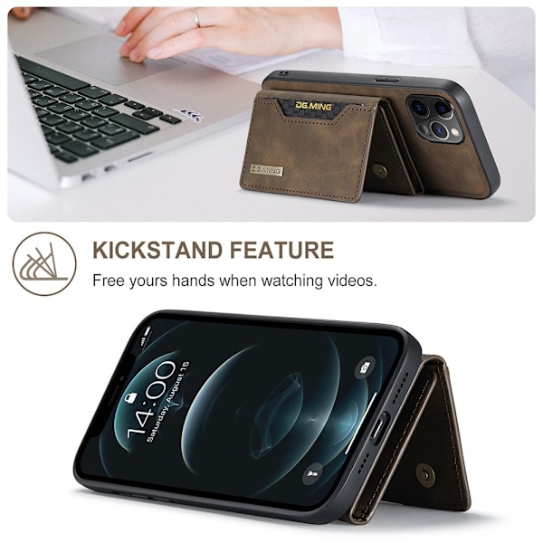 DG.MING iPhone 12 Pro Max Tri-fold Wallet Med Kickstand - Coffee