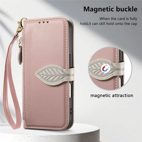 iPhone 17 Plånboksfodral Leaf Magnetiskt Spänne Konstläder Roséguld