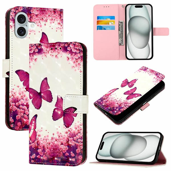 iPhone 16 Plus Plånboksfodral Printing Pattern Med Rem Rosa