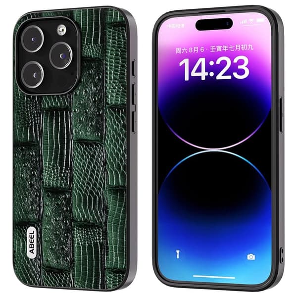 ABEEL Mobilskal till iPhone 15 Pro Mahjong Textur Grön äkta läder
