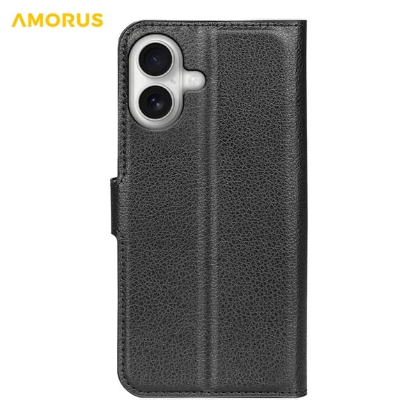 AMORUS iPhone 17 Konstläder Plånboksfodral Flipstativ Litchi - Svart Svart