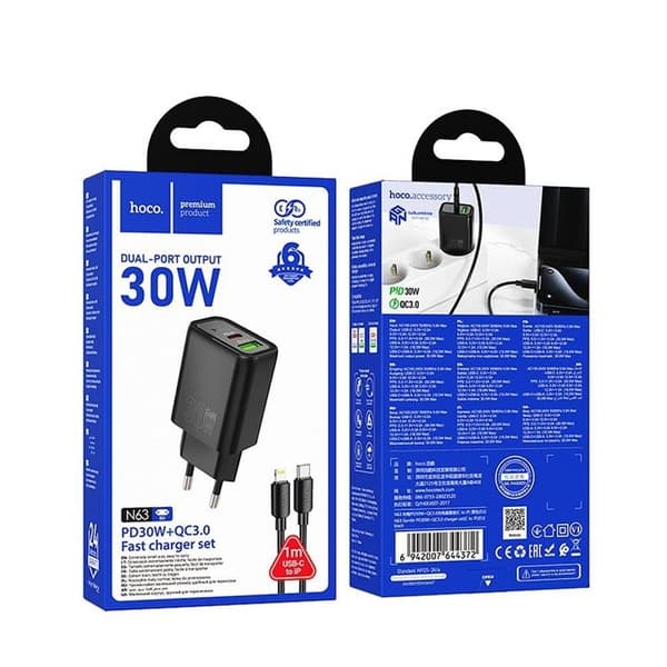 HOCO Snabbladdare USB/USB-C 30W USB-C/Lightning Kabel N63 PD QC Svart