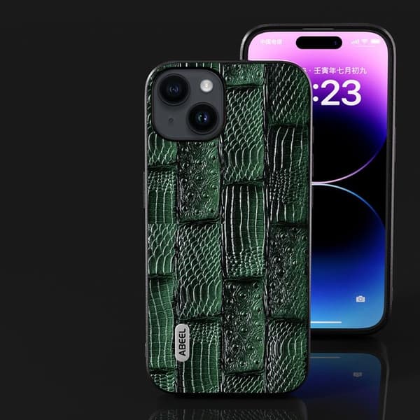ABEEL Mobilskal till iPhone 15 Shockproof Mahjong Grön äkta läder