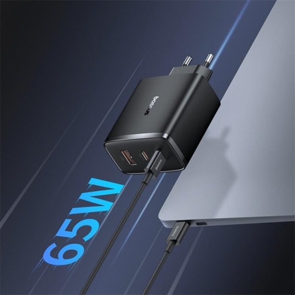 Baseus GaN Vægoplader 2x USB-C Til USB-A 65W Cube Pro - Sort