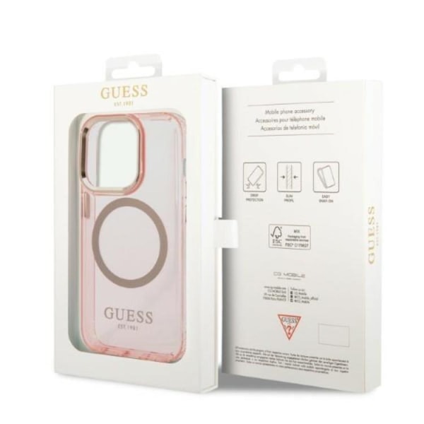 GUESS iPhone 14 Pro Skal MagSafe Gold Outline Translucent - Rosa