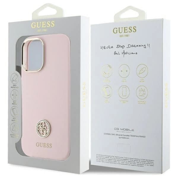 Guess telefontaske til iPhone 16 Silikone Logo Rhinestone 4G - Lyserød Rosa