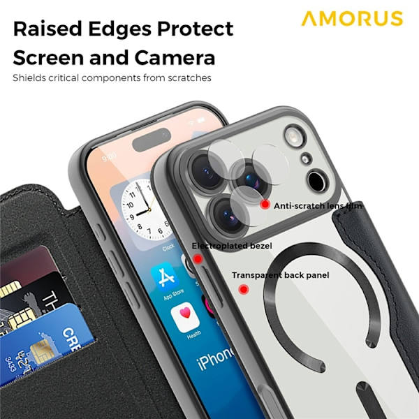 AMORUS iPhone 17 Pro Plånboksfodral MagSafe RFID-Skydd Svart