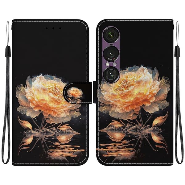 Sony Xperia 1 VII Konstläder Plånboksfodral Pattern Printing - Guld Peony Guld