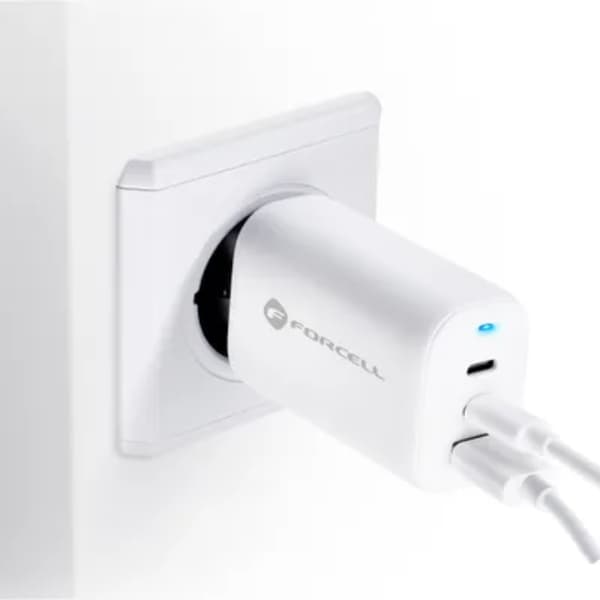Forcell seinälaturi 2x USB-C/USB-A 65W - Valkoinen Vit