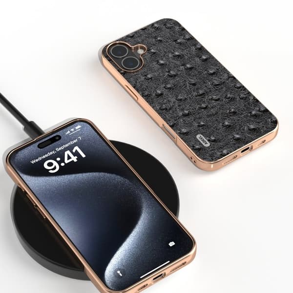 ABEEL Mobilskal till iPhone 16 Electroplating Edge Äkta Läder - Svart