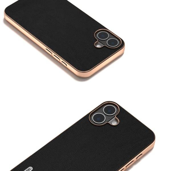 ABEEL Mobilskal till iPhone 16 Plus Electroplating Äkta Läder + PC + TPU - Svart