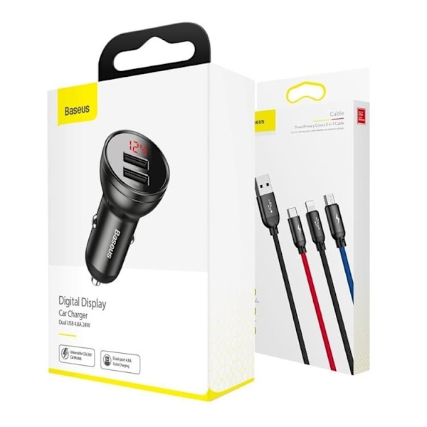Baseus Billaddare 24W 3in1 microUSB-C Lightning Kabel 1.2m - Svart Svart