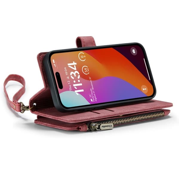 CASEME Konstläder Plånboksfodral till iPhone 16 Pro med Rem - Röd