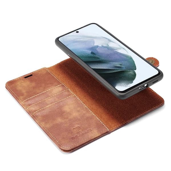 DG.MING Samsung Galaxy S21 FE 2-i-1 Äkta Läder Plånboksfodral Ställ - Brun