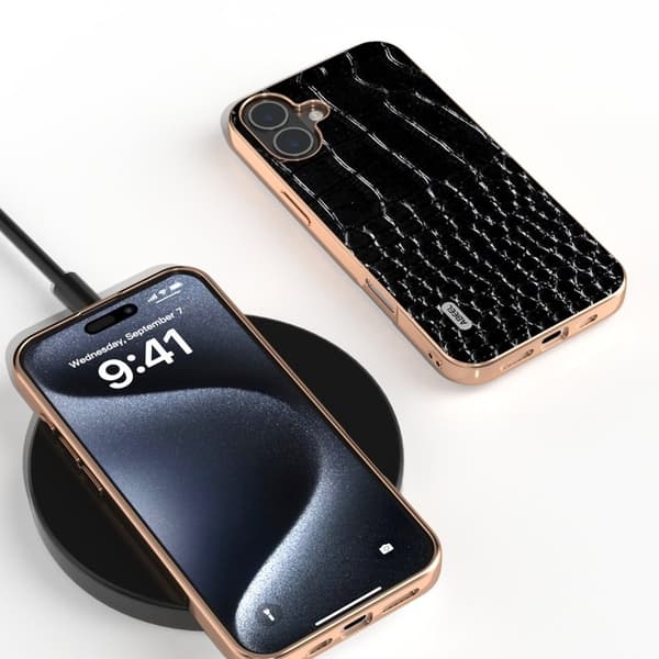 ABEEL Mobilskal till iPhone 16 Plus Electroplating Äkta Läder - Svart