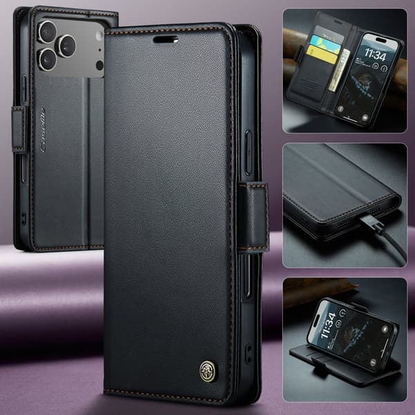 CASEME 023 iPhone 17 Pro Max Plånboksfodral RFID-Skydd Konstläder Svart