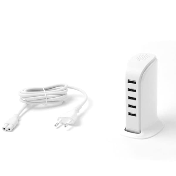 Laddare 5x USB med Inbyggd Strömkabel EU - Vit Vit