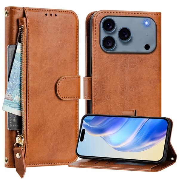 iPhone 17 Pro Plånboksfodral Zipper Pocket Läder - Brun Brun