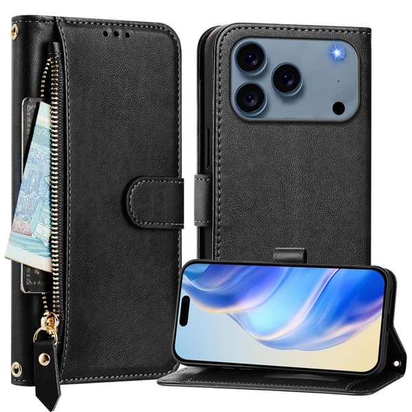 iPhone 17 Pro Plånboksfodral Zipper Pocket Läder - Svart Svart