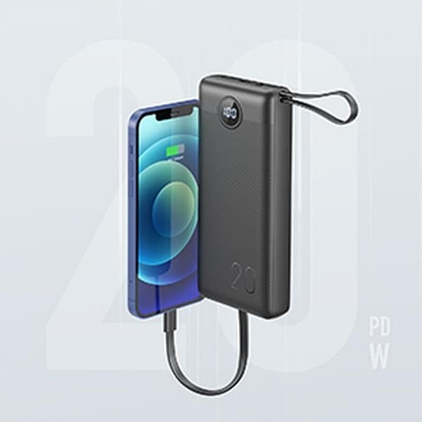 VEGER Powerbank 20000 mAh med Lightning/Typ-C/Micro-USB Kabel C20 Svart