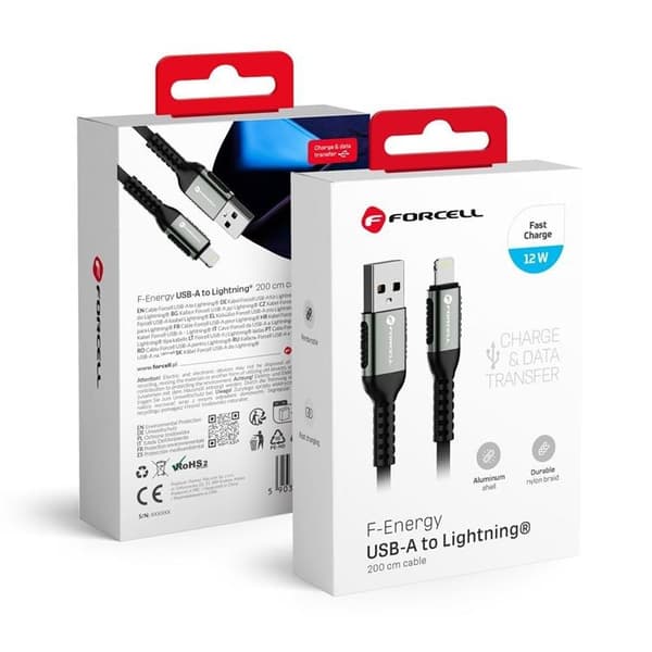Forcell USB-A til Lightning Kabel 12W 2m 2.4A Cafule - Sort Black