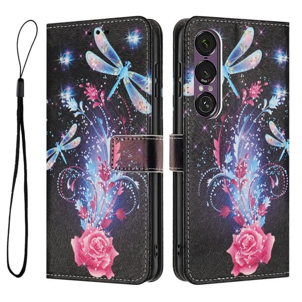 Sony Xperia 1 VII Konstläder Plånboksfodral Pattern Printing - Dragonfly Svart