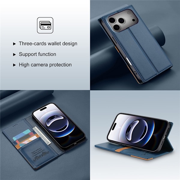 N.BEKUS iPhone 17 Pro Konstläder Plånboksfodral RFID-Skydd P3 - Blå Blå