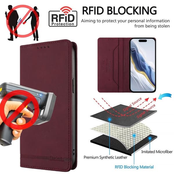 RINACASIS Samsung Galaxy A55 5G Plånboksfodral Konstläder RFID Skydd - Vinröd