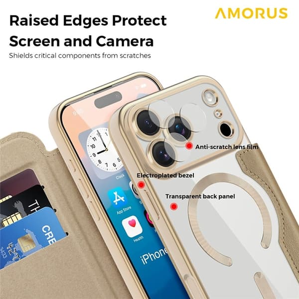 AMORUS iPhone 17 Pro Plånboksfodral MagSafe RFID-Skydd - Guld Guld